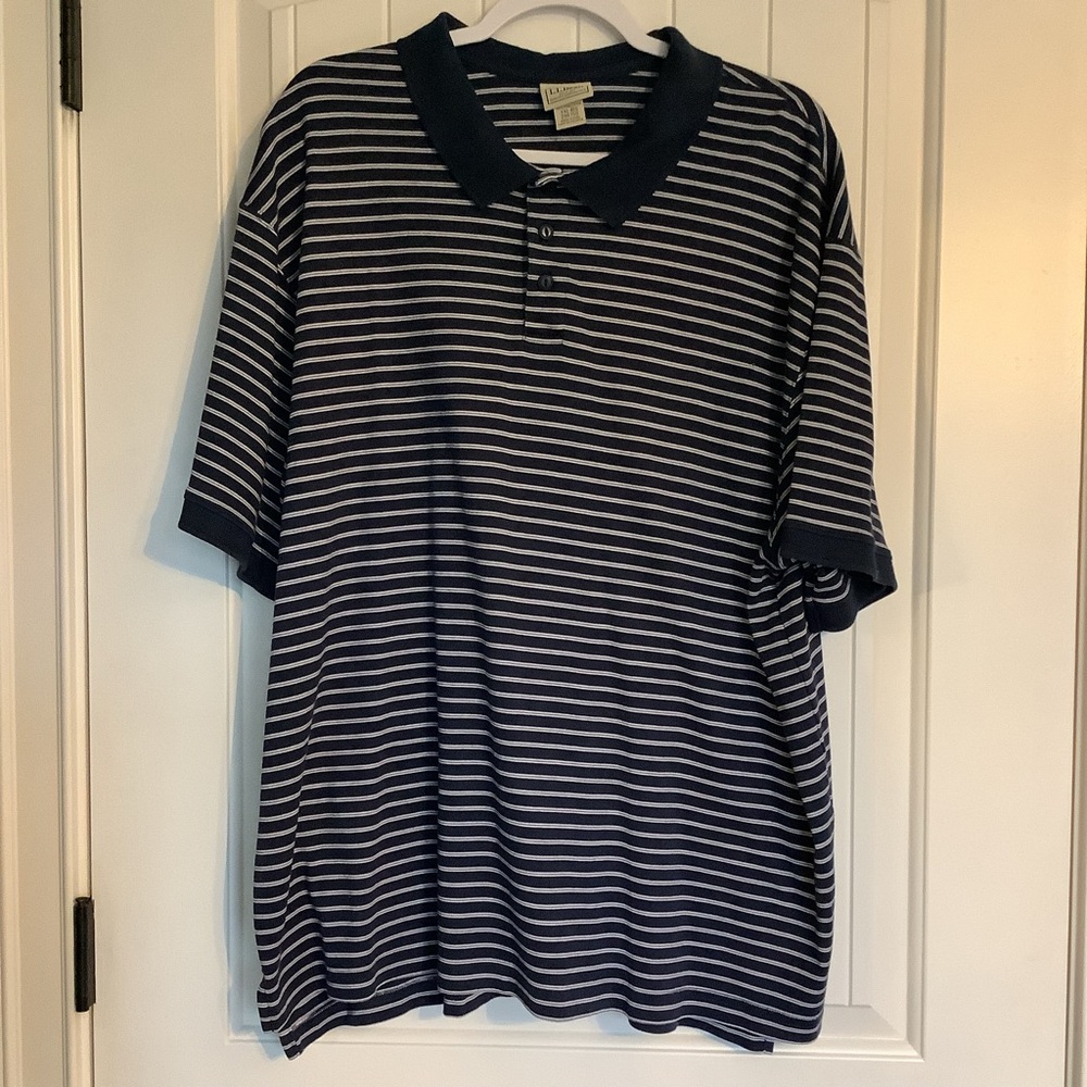 L.L. Bean Men's Polo Shirt - Dark Blue and White Stripes - Picture 1 of 4